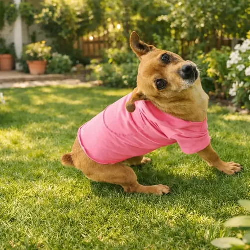 Cachorro usando uma roupinha rosa