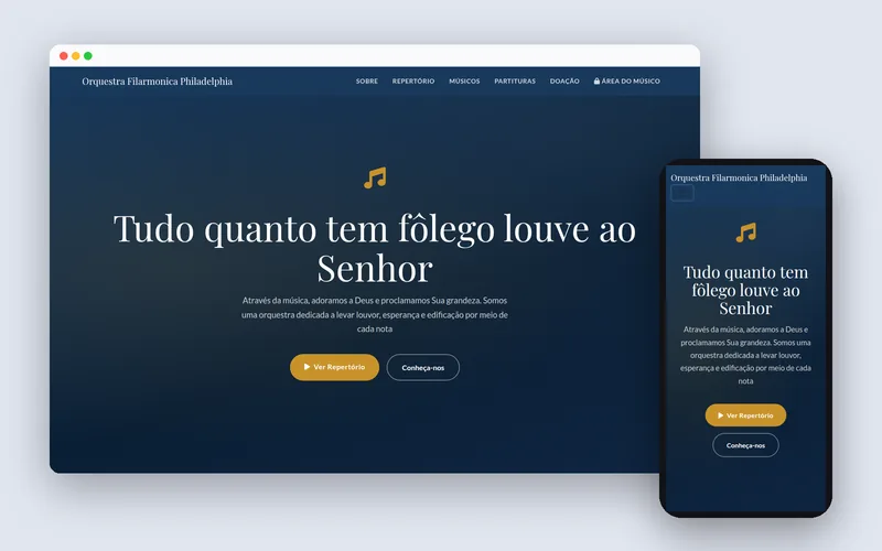 Site da Orquestra Filarmônica Philadelphia no computador e no celular
