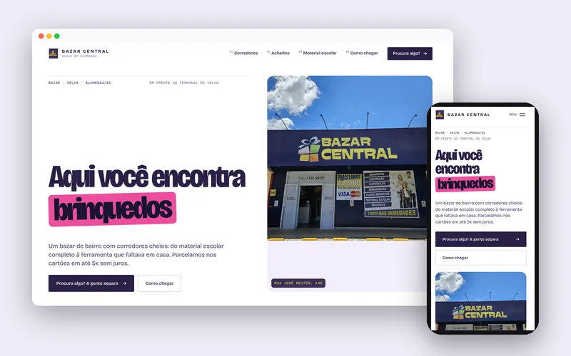 Site do Bazar Central no computador e no celular